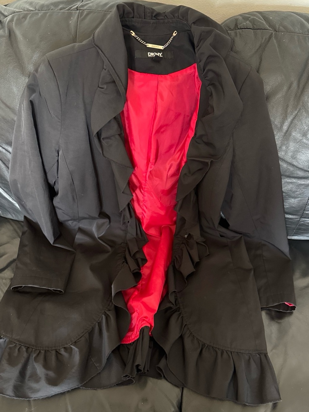 DKNY Black Ruffle Blazer with Red Satin Lining